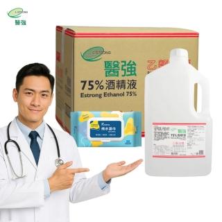 【醫強】75%酒精液 6桶組+克司博純水濕巾 1包(4000ml/桶+80抽純水濕巾/包)