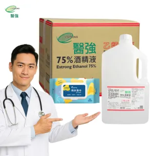 【醫強】75%酒精液 6桶組+克司博純水濕巾 1包(4000ml/桶+80抽純水濕巾/包)