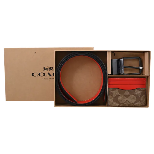 【COACH】經典雙面雙材質皮帶信用卡名片隨身卡2組禮盒組(駝/紅)