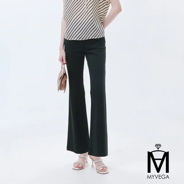 【MYVEGA 麥雪爾】MA高彈力logo刺繡貝殼扣喇叭褲-共三色(女長褲/女下身/女下著/西裝褲)