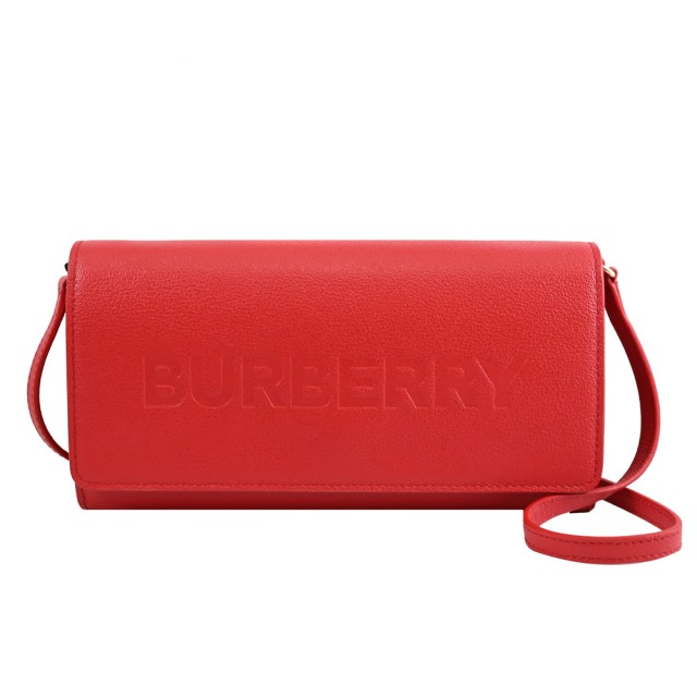 【BURBERRY 巴寶莉】經典品牌烙印LOGO小牛皮翻蓋多卡發財包斜背包(紅)