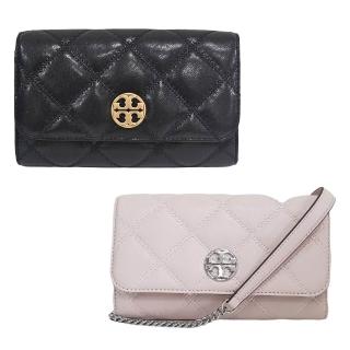 【TORY BURCH】大款WOC WILLA 小香風菱格磁釦翻蓋斜背長夾(黑色金色logo/淡粉色銀色logo贈原廠防塵袋紙袋)