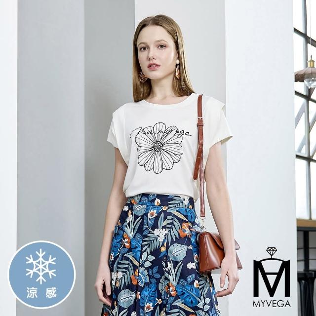 【MYVEGA 麥雪爾】MA涼感LOGO刺繡雛菊印花落肩上衣-白