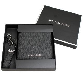 【Michael Kors】MK男生皮夾 防刮皮革6卡短夾禮盒附一鑰匙圈/男皮夾/男短夾/MK男短夾/MK短夾(滿版黑)