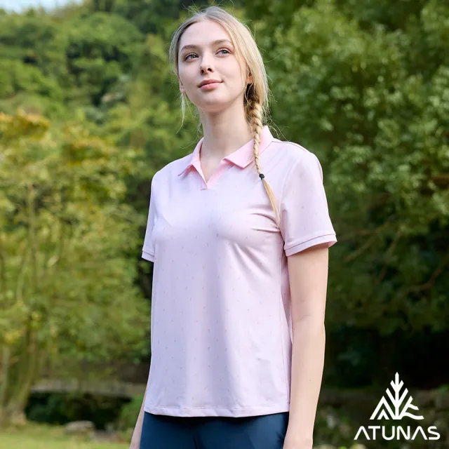 【ATUNAS 歐都納】女/再生循環回收/酷涼節能抑菌短袖POLO衫(A1PS2514WC淺粉印花/抗臭/吸濕排汗/環保衣)