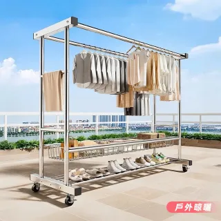 【雙12必搶】不銹鋼雙層雙排桿置物層架多功掛衣架-附輪(衣帽架 衣架 收納架 曬衣架 鞋架)