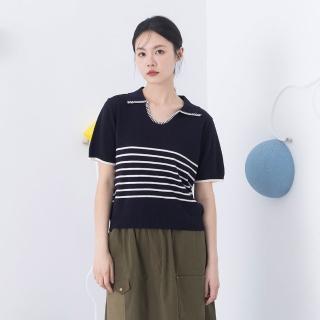 【MOSS CLUB】撞色飾邊翻領條紋針織上衣(藍 深藍 灰/魅力商品)