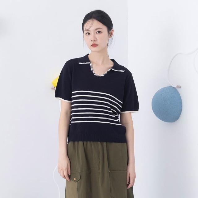 【MOSS CLUB】撞色飾邊翻領條紋針織上衣(藍 深藍 灰/魅力商品)
