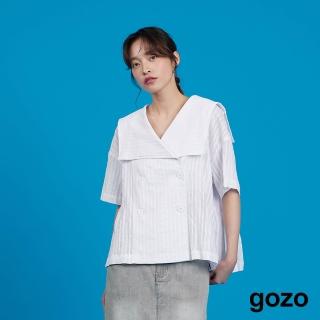 【gozo】條紋蕾絲水手領雙排釦襯衫(白色)
