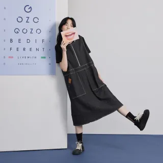 【gozo】皮標大口袋造型牛仔背心洋裝(黑色)
