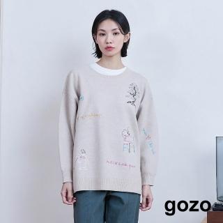 【gozo】MOMO獨家款★限量開賣 古人漫步毛線繡圓領毛衣(兩色)
