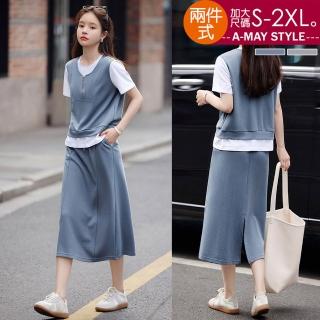 【艾美時尚】夏新品 中大尺碼女裝 套裝 兩件式韓系休閒層次上衣半身裙套裝。S-2XL(2色.預購)