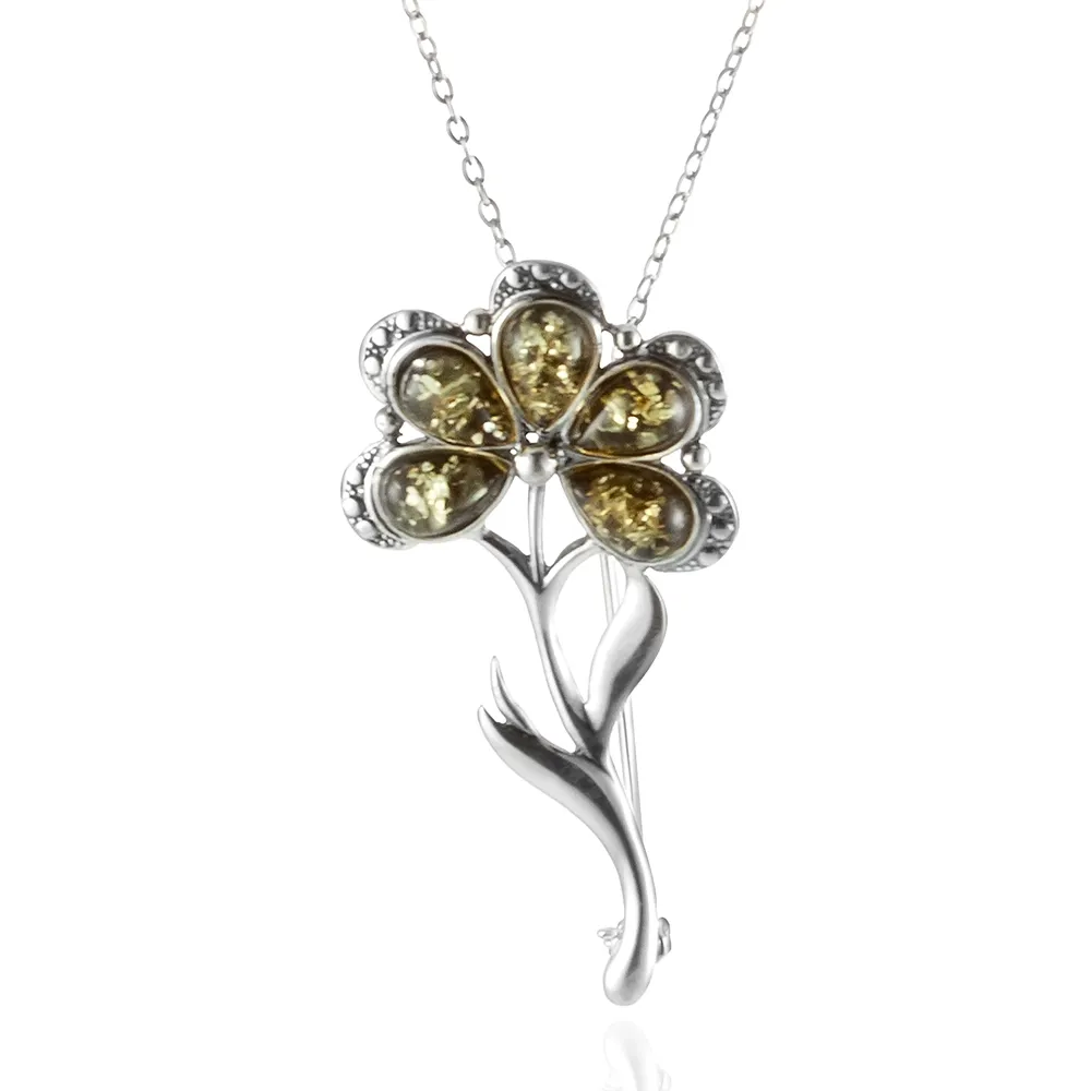 【Woogie武吉珠寶】琥珀蜜蠟設計師精品琥珀胸針項鍊(綠珀花卉)