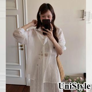 【UniStyle】長袖襯衫 韓版假兩件蕾絲拼接防曬寬鬆上衣 女 EAW124C(白)