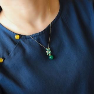 【MoonDy】項鍊 飾品 純銀項鍊 S925 金色綠玉髓 新中式 瑪瑙項鍊 吊墜 花朵吊墜 古風 玉石 掛件