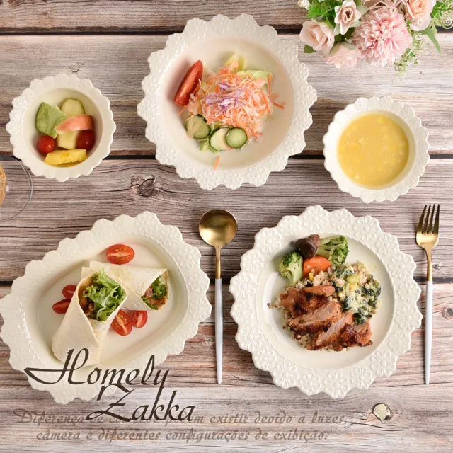 【Homely Zakka】法式浪漫花邊浮雕陶瓷餐盤碗餐具_4件組(湯盤 餐具 餐盤 盤子 器皿 碗盤)