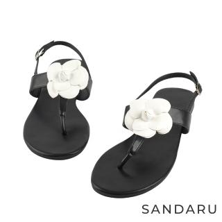 【SANDARU 山打努】涼鞋 茶花T字平底夾腳涼鞋(黑)