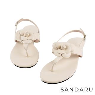 【SANDARU 山打努】涼鞋 茶花T字平底夾腳涼鞋(杏)