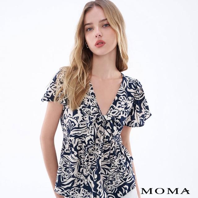 【MOMA】植物剪影印花綁帶上衣(深藍色)