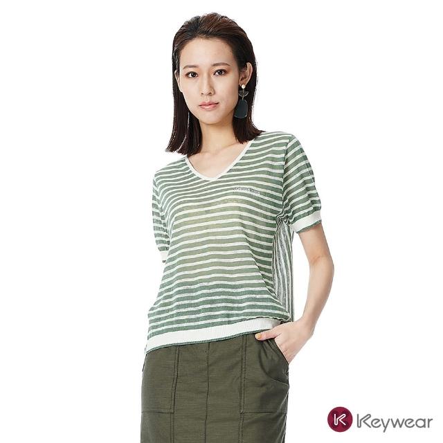 【KeyWear 奇威名品】知性條紋V領針織短袖上衣(共2色)