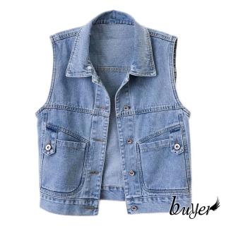 【buyer 白鵝】可拆帽 立體 鈕釦 口袋 牛仔 背心(藍)