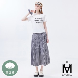 【MYVEGA 麥雪爾】MA兩件式棉質字母刺繡格紋套裝-白(女洋裝/連身洋裝/套裝)