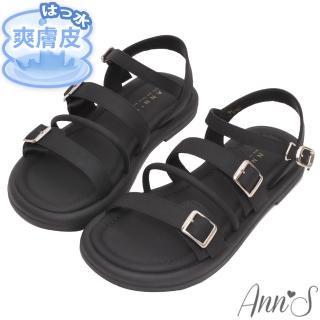 【Ann’S】防潑水爽膚皮-粗細交錯層次輕量寬版平底涼鞋2cm(黑)