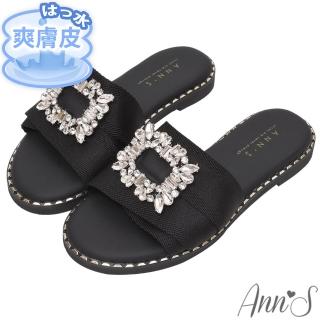 【Ann’S】防潑水爽膚皮-寬織帶方鑽寬版圓頭涼拖鞋1.5cm(黑)