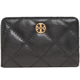 【TORY BURCH】WILLA圓牌LOGO菱格紋釦式中夾(黑)