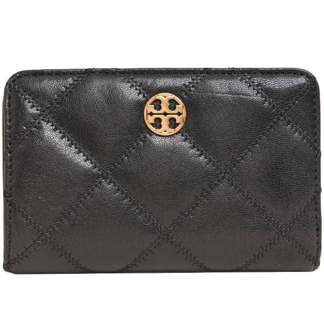 【TORY BURCH】WILLA圓牌LOGO菱格紋釦式中夾(黑)