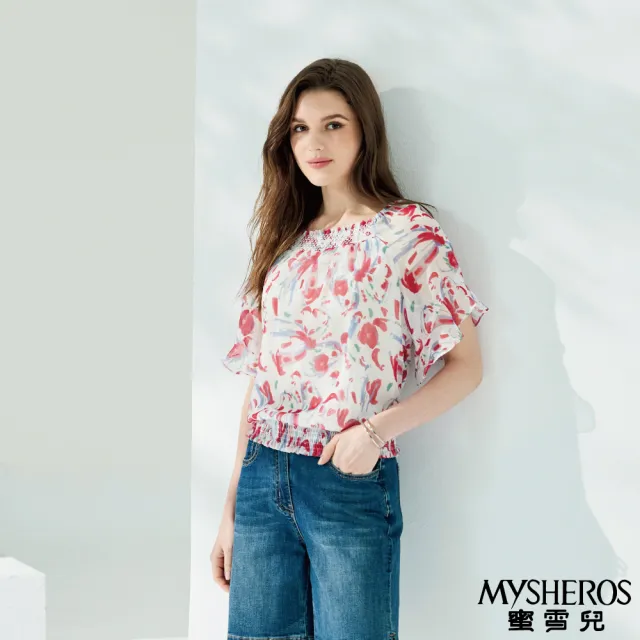 【MYSHEROS 蜜雪兒】雪紡造型上衣 彈性領口花邊袖 滿版水彩風印花(紅)