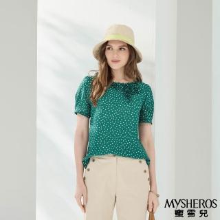 【MYSHEROS 蜜雪兒】雪紡造型上衣 法式復古圓點 荷葉花朵層次領(綠)