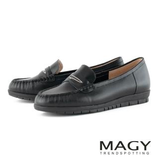 【MAGY】牛皮素面質感飾釦樂福平底鞋(黑色)