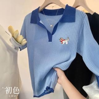 【初色】刺繡小狗坑條寬鬆百搭翻領短袖針織衫上衣女上衣-藍色-12187(F可選)