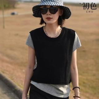 【初色】圓領無袖修身馬甲背心女背心+純色簡約圓領短袖T恤上衣女上衣套裝-黑灰色-12090(M-XL可選)