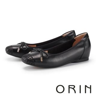 【ORIN】甜美蝴蝶結真皮編織平底鞋(黑色)