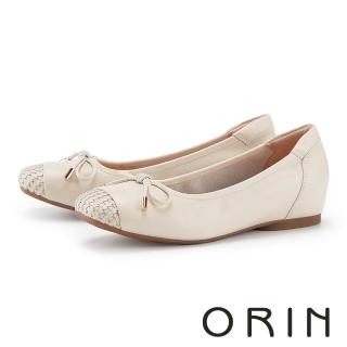 【ORIN】甜美蝴蝶結真皮編織平底鞋(米色)
