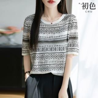 【初色】撞色圖騰印花時尚寬鬆休閒百搭圓領五分袖打底衫T恤上衣女上衣-花色-12177(F可選)