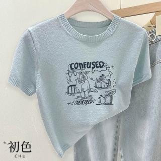 【初色】休閒透氣純色運動風針織衫短袖圓領印花T恤上衣女上衣-共4色-12199(F可選)