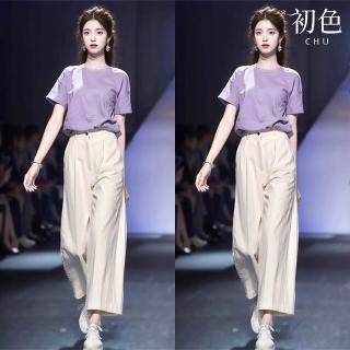 【初色】法式小香風鬆弛感圓領短袖T恤上衣女上衣+純色休閒褲寬褲長褲套裝-紫衣米白褲-12215(M-2XL可選)