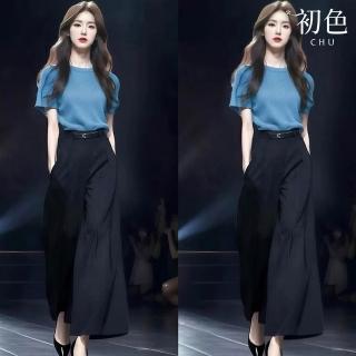 【初色】法式輕熟氣質顯瘦圓領短袖T恤上衣女上衣+純色高腰休閒褲寬褲長褲套裝-藍衣黑褲-12208(M-2XL可選)