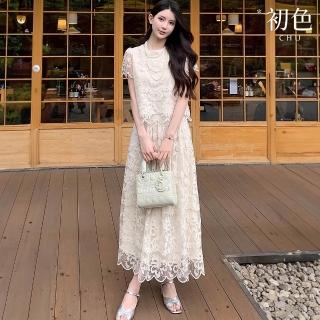 【初色】立體繡花透膚短袖襯衫上衣女上衣+休閒顯瘦純色雙層紗裙中長裙半身裙套裝-杏色-12202(M-XL可選)