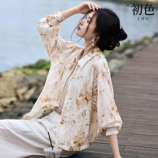 【初色】印花暈染襯衫式遮陽防曬翻領長袖拉鍊輕薄寬鬆外套女外套-咖色-12035(M-3XL可選)