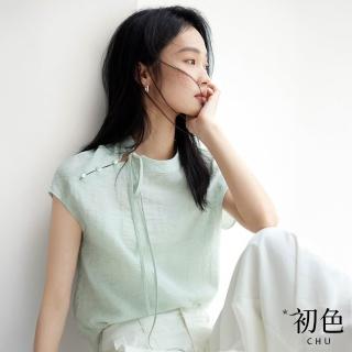 【初色】新中式亞麻風圓領斜襟珠釦寬鬆短袖襯衫上衣女上衣-共2色-12071(M-2XL可選)