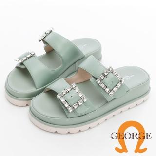 【GEORGE 喬治皮鞋】柔軟牛皮水鑽方釦拖鞋 -綠 513012HE50