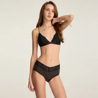 【Anden Hud】XXL 復古街頭．窄版V蕾絲高腰三角內褲(黑-卡其條紋)