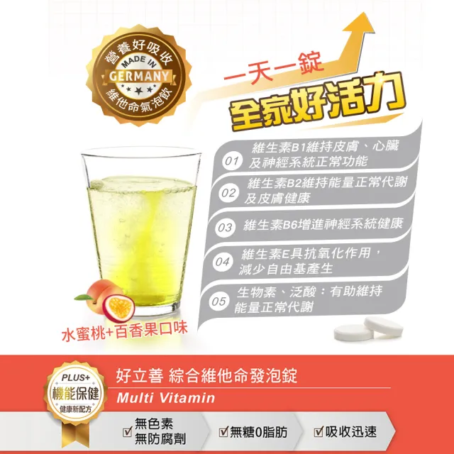 【Heilusan 好立善】綜合維他命發泡錠20錠(水蜜桃百香口味 B群.維他命CE.葉酸生物素.液態好吸收)