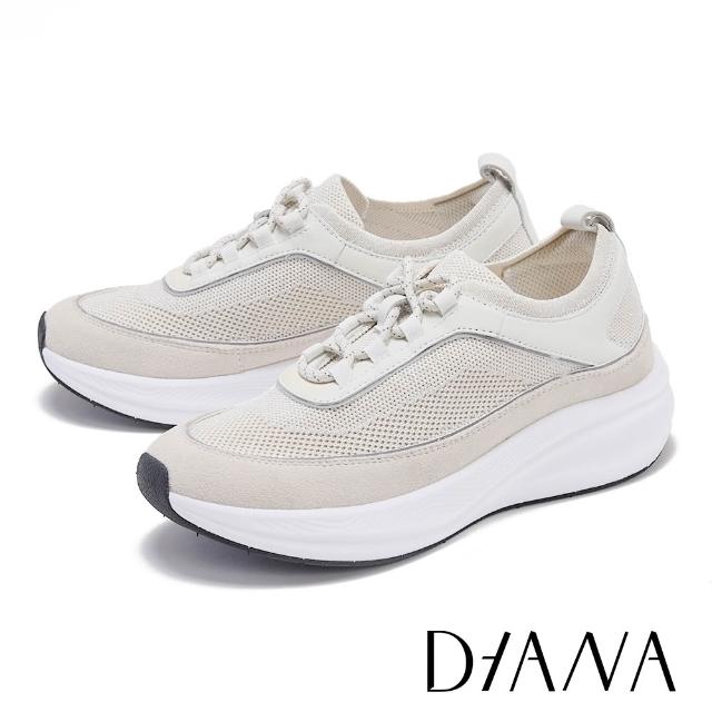 【DIANA】飛織拼接牛皮綁帶厚底休閒鞋(米色)