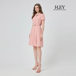 【ILEY 伊蕾】襯衫領皮帶收腰雪紡洋裝(粉；M-XL；1252077335)