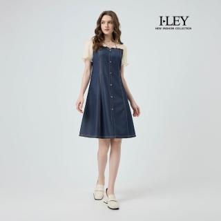【ILEY 伊蕾】蝴蝶結排釦拼接棉質牛仔洋裝(深藍；M-XL；1252678705)